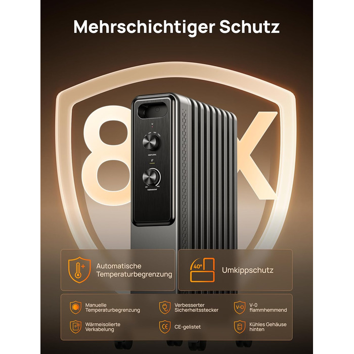 Електричний масляний радіатор Dreo з 9 ребрами, 2000W, тихий, з захистом від перегріву та перекидання, термостат, дитячий замок, енергозберігаючий