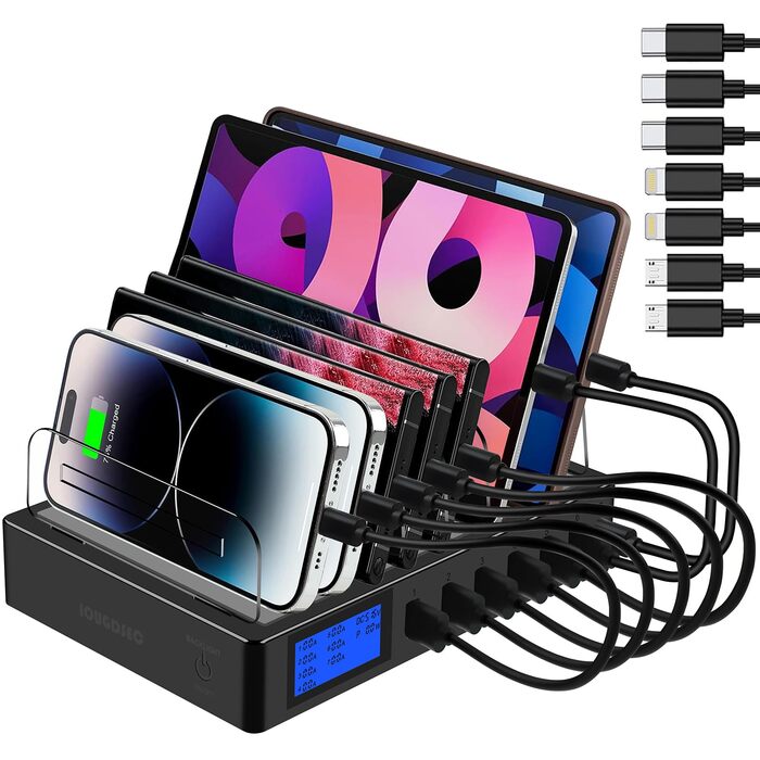 Зарядний пристрій Schnellladestation PD20W QC3.0 7-в-1 з LCD-дисплеєм, Multi-USB, для iPhone, iPad, Samsung, Huawei - Чорний