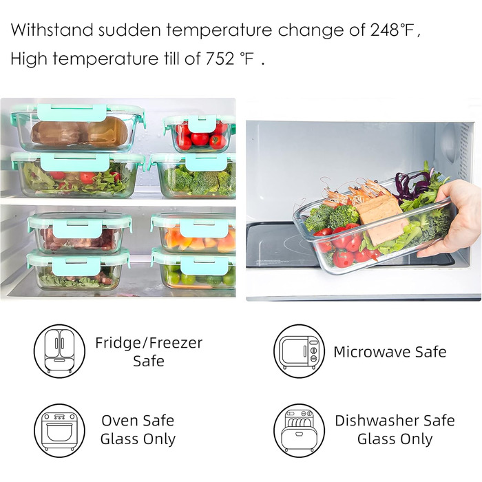 Набір з 10 скляних контейнерів для зберігання продуктів, з кришкою, BPA-Free, підходить для мікрохвильової печі, морозильника та посудомийної машини (м'ятно-зелений)