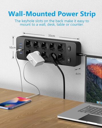 Мережева розетка JSVER 10 з USB, 4 порти зарядки, 16A, з вимикачем, 2м кабель, для смартфонів, ноутбуків, iPad – білий/чорний