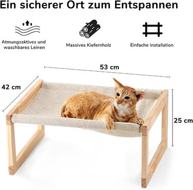 Cat bed and dog bed, elevated, large and breathable, made of high-quality birch plywood, 53W x 42L x 25H cm - ideal for cats and small dogs