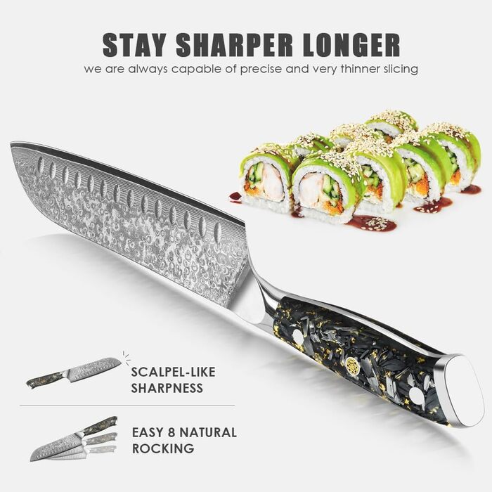 Японський ніж Santoku Kyushublade з дамаської сталі (67 шарів), з унікальною ручкою з карбону та золота, професійний кухонний ніж