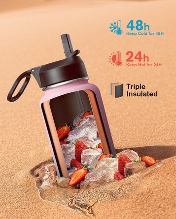Термопляшка Coolflask 2л з соломинкою та 3 кришками, нержавіюча сталь, для спорту та офісу, герметична (Bubble Gum)