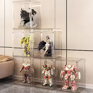 GUDEMAY Transparent Stackable Plastic Boxes with Magnetic Closure - Dustproof Storage Display Case Showcase Ideal for Figurines, Books, Cosmetics, Shoes, and Handbags (3-Piece Set) Transparent - 3-Piece Set