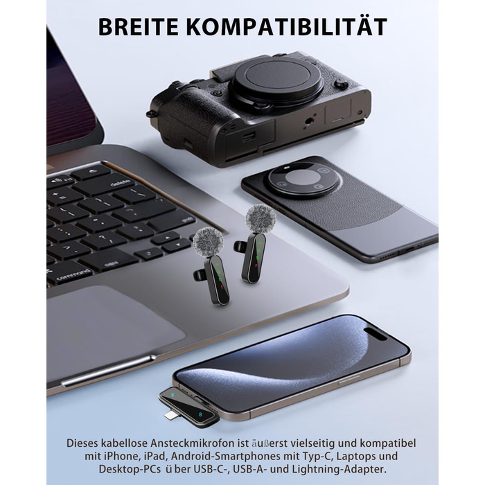 Беспроводной петличный микрофон Bayanbulu для iPhone, iPad, Android, TikTok, YouTube, Vlog. 2 шт. Черный. Шумоподавление, Plug-and-Play