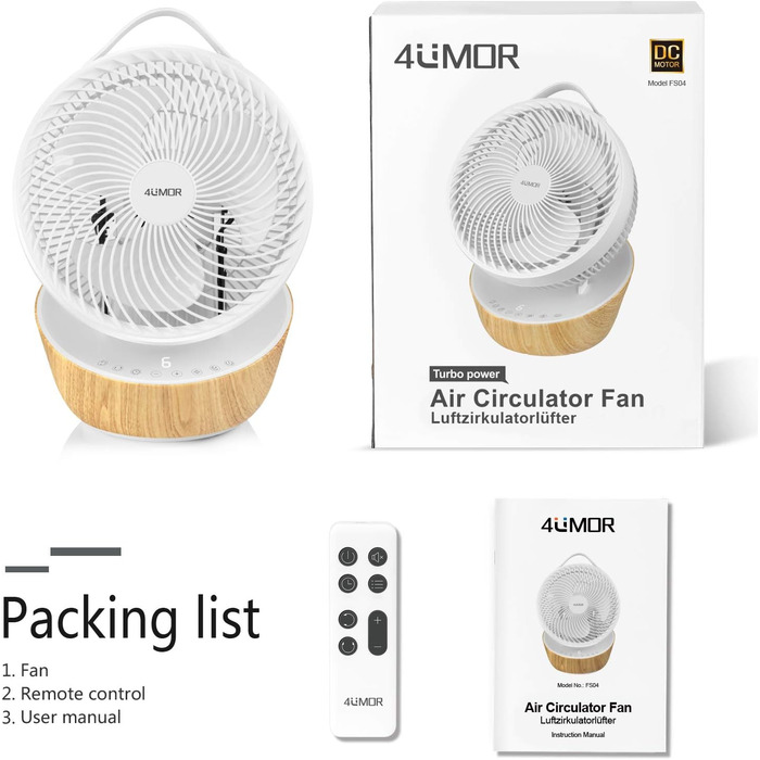 Вентилятор 4UMOR Turbo: тихий, 21W, 12 швидкостей, 3D циркуляція повітря, таймер 8H, для спальні/офісу (білий)