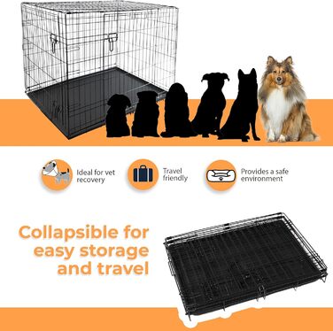Клітка для собак DIVCHI з піддоном - міцна, складана клітка з двома дверцятами | Легко миється, знімний піддон, підходить для котів | Чорна (122x76x81cm)