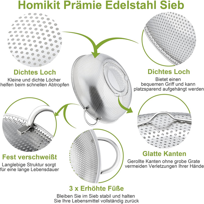 Ніж Sieb Homikit, нержавіюча сталь, сито для макаронів з ручками, мікроперфороване Ø, сито для стікання/миття/проціджування/миття, нержавіюче, здорове та придатне для миття в посудомийній машині (3, 28+22+16 см)