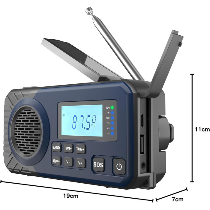 Радіо на механічній ручці Kurbelradio з акумулятором 5000 mAh (Синій) | AM/FM/SW, USB, живлення від батарей, аварійний набір, ліхтарик, зарядка для телефону