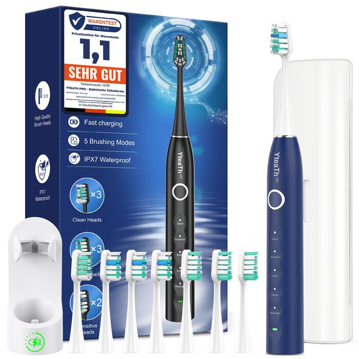 Електрична зубна щітка зі звуковими вібраціями, 8 насадок, 5 режимів, таймер, 120 днів роботи від акумулятора, для дорослих, синього кольору