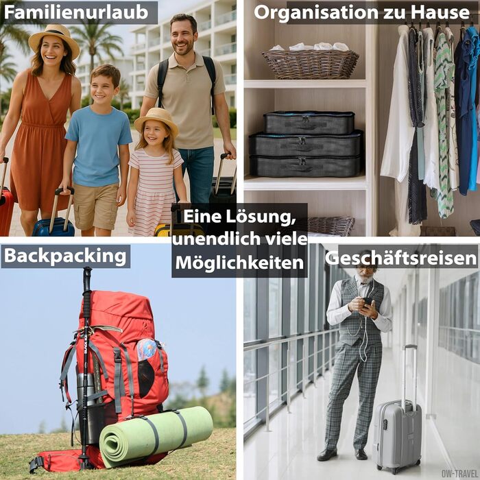 Органайзери для валізи OW-Travel: 2 середні + 2 великі. Набір для пакування речей, чорний. Кубики для подорожей, органайзери для одягу.