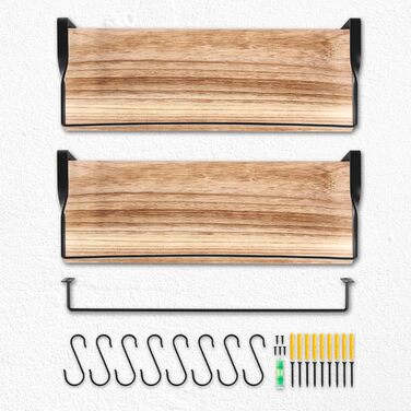 Настінна полиця з дерева, 2 шт. у наборі, рустикальний стиль, з тримачем для рушників, світло-коричневого кольору, для спальні, вітальні, ванної кімнати, кухні, офісу