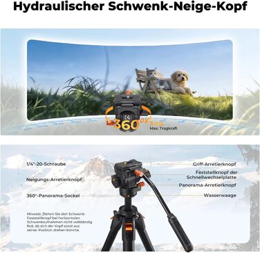 Штатив для камери K&F Concept з гідравлічною головою, алюмінієвий компактний штатив для DSLR, відеоштатив 187 см з тримачем для смартфона та планшета