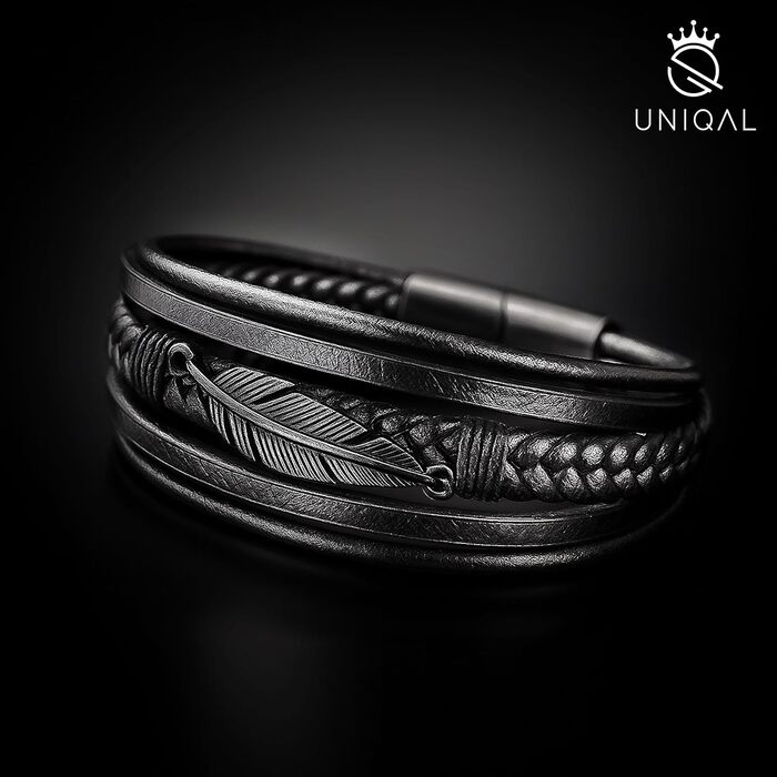 Чоловічий шкіряний браслет UNIQAL 'FEATHER' з нержавіючої сталі та натуральної шкіри, в подарунковій коробці, 23 см
