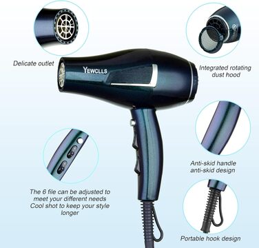 Професійний іонний фен для волосся Salon 2100W, швидке сушіння, 2 швидкості, 3 температурні режими, набір насадок (дифузор, концентратори, гребінці), зелений