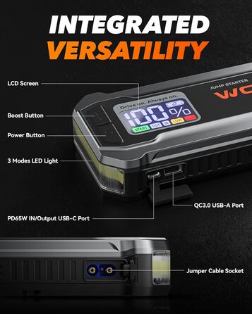 Powerbank WOLFBOX для запуску авто: 12V, 3000A, LED-ліхтар, для SUV, LKW, мотоциклів