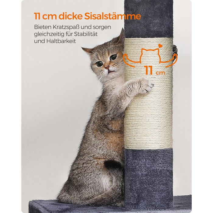 Feandrea Cat Tree, 84 cm Cat Tree, L, Cat House for Large Cats up to 7 kg, Large Platform, 2 Cat Caves, Sisal Posts, PCT61W (XL (68 x 48 x 101 cm), Smoke Gray)