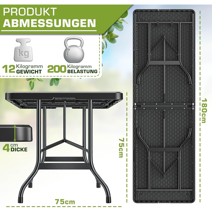 Зручний складаний садовий стіл Tillvex 180x75 см з ручкою для перенесення | Стіл для тераси, балкона, кемпінгу | Чорний
