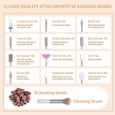 Професійна електрична нігтьова пилка 45000 об/хв для гелевих та акрилових нігтів з LCD-дисплеєм, системою фіксації насадок, набором для манікюру та педикюру для дому та салонів (Білий)