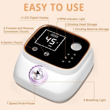 Професійна електрична нігтьова пилка 45000 об/хв для гелевих та акрилових нігтів з LCD-дисплеєм, системою фіксації насадок, набором для манікюру та педикюру для дому та салонів (Білий)
