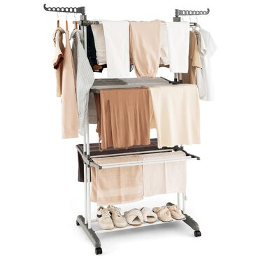 Сушарка для білизни HOMASIS з 4 рівнями, розкладна, на коліщатках та з боковими крилами, 127x63x171 см, сіра