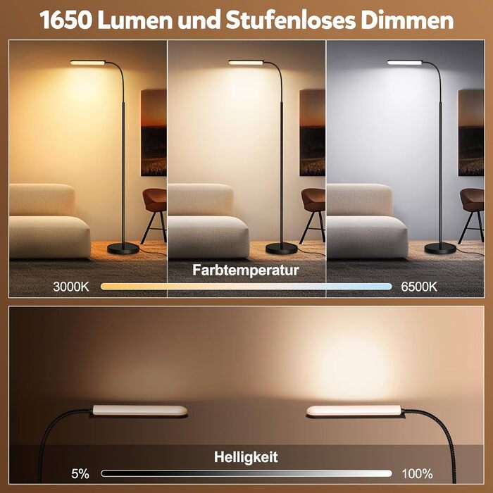 LED-лампа Handsonic на ніжці, 18W, 1650LM, чорна, з регулюванням яскравості, 360° гнучкий шийка, диммер, пульт дистанційного керування, ретро-дизайн, для вітальні та читання