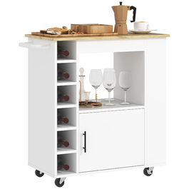 HOMCOM Kitchen Cart Serving Cart with Worktop, Shelves, Wine Racks, Kitchen Cabinet Rolling Cart with Soft-Close Hinges, Handle, Kitchen Island for Office, 83x40x83cm, Oak | Aosom