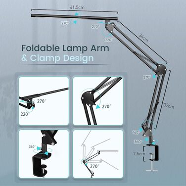 Світлодіодна лампа для робочого столу, кріпиться на край столу, архітектурна лампа з адаптером QC3.0, лінза Френеля, чорна