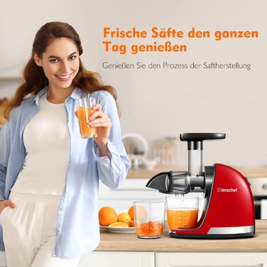 AMZCHEF Juicer for Vegetables and Fruits - Test Winner - Slow Juicer with Reverse-Mastication Function - Gentle Crushing Without Filtering - Electric Juice Press with Brush and 2 Cups - Cherry Red