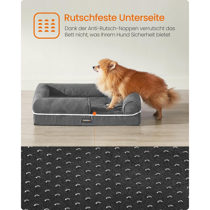 Feandrea Orthopedic Dog Bed, Dog Cushion, Dog Basket, Soft Padding, Dog Sofa, Raised Edges, Removable and Washable Cover, 91 x 71 x 20 cm, Non-Slip Bottom, PGW076G01 (L 76 x W 51 x H 18 cm, Dark Grey)