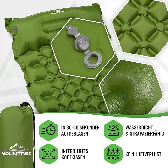 MOUNTREX Isomatte - туристичний килимок, надувна матрац для кемпінгу, 700г, з насосом, компактний, самонадувний, зелений