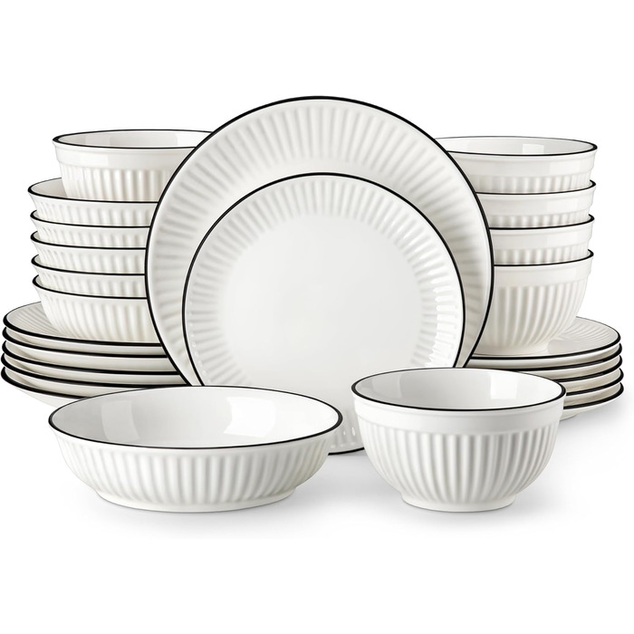 Набір посуду MALACASA LEILA для 6 осіб, 24 предмета: тарілки, миски, порцеляна, ручне рельєфне оформлення, підходить для мікрохвильової печі та посудомийної машини, білий з чорним контуром