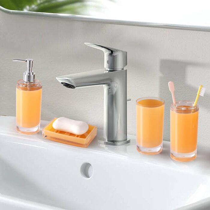 Acrylic Bathroom Accessories Set, Lotion/Soap Dispenser, Soap Dish, Toothbrush Holder, Tumbler, Toilet Brush and Holder, Modern Bathroom Decor and Housewarming Gift Set, Orange, 5-Piece