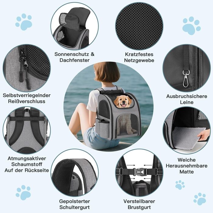 Рюкзак для тварин до 10 кг з сіткою, дихаючий та легкий, з внутрішнім шнуром безпеки та килимком (сірий)