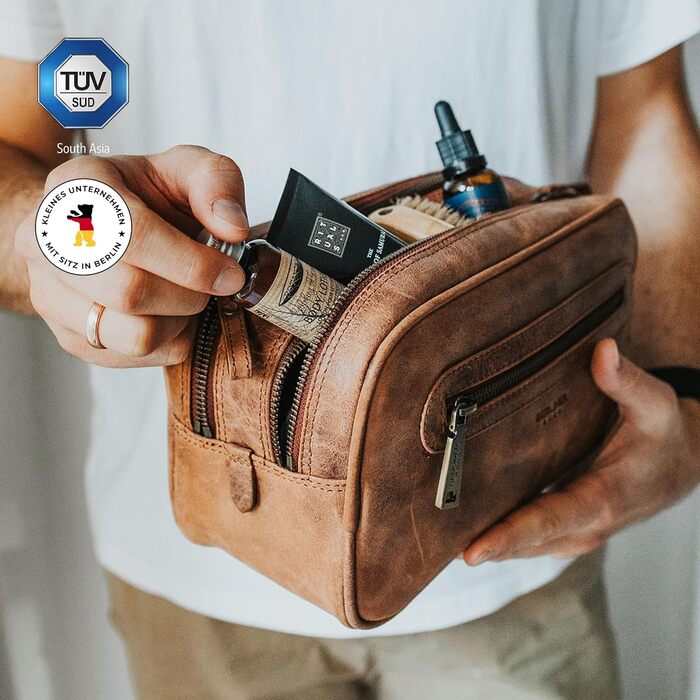 Шкіряна косметичка для подорожей Berliner Bags Premium Kulturbeutel Max, велика сумка для гігієни з 2 відділеннями для жінок та чоловіків (Camel)