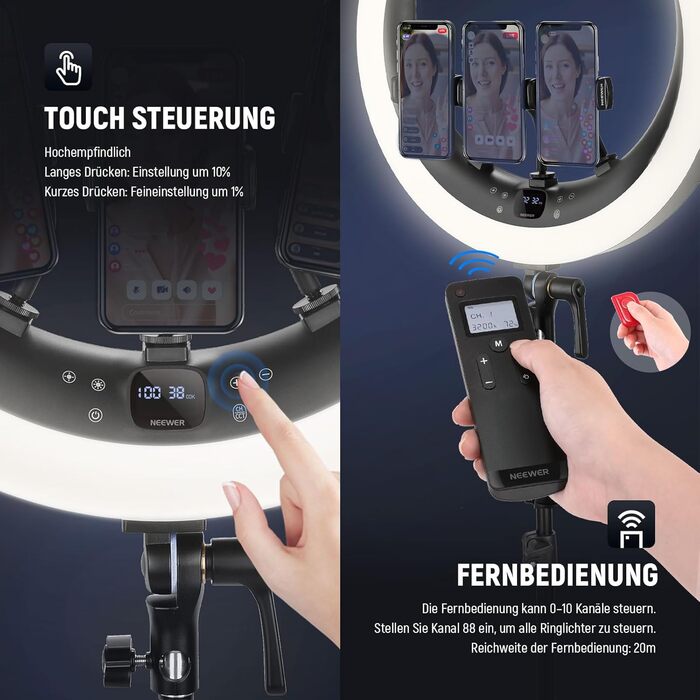 NEEWER Ringlicht RP19H 19 дюймів з триподом та 3 тримачами для телефону, дистанційне керування 2.4G, плавне регулювання яскравості, LCD та сенсорне керування, 42W CRI 97+ 2540 Lux, для стрімінгу, дому, офісу, Zoom, освітлення, кільцева лампа з пусковим пр