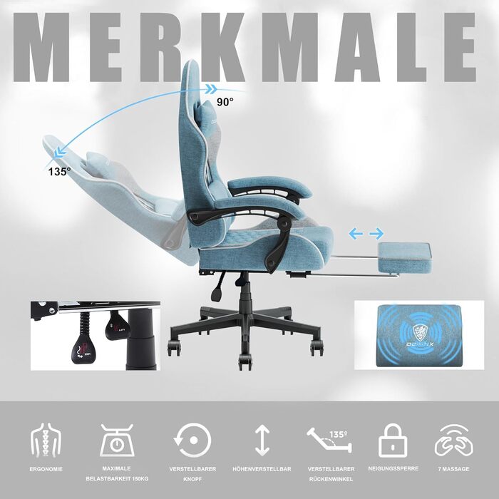 Ігровий крісло Dowinx з підголівником та підставкою для ніг, тканинне, з масажем, ергономічне, для офісу та геймінгу