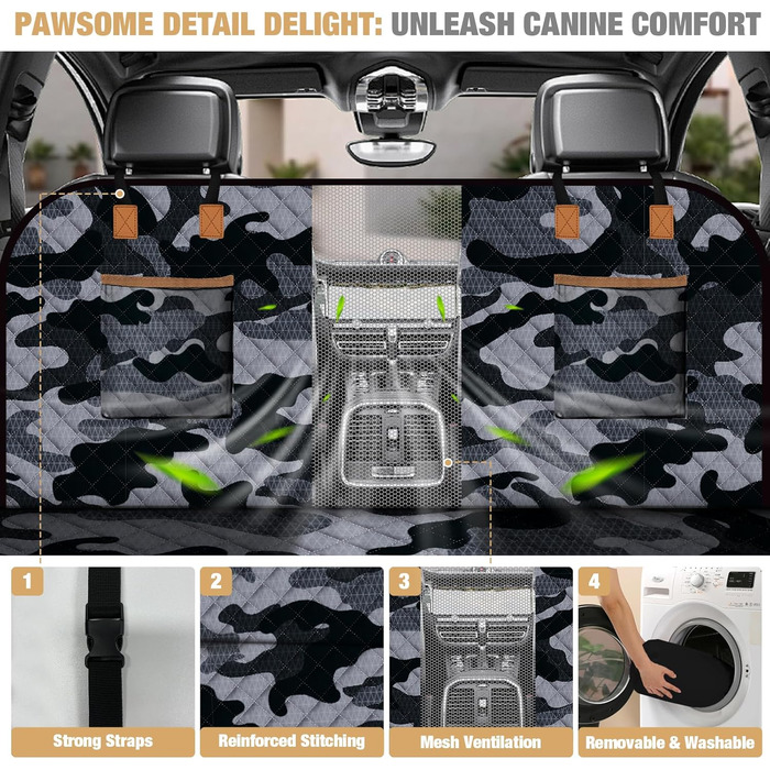 Накладка на сидіння автомобіля для собак Lekeinchi - водовідштовхувальна, стійка до подряпин, з 6 дерев'яними планками та ременями безпеки (140x77 см, камуфляж)