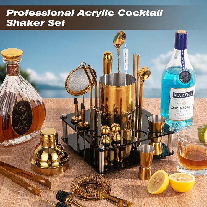 Набір шейкерів для коктейлів KINGROW 29 предметів: професійний барний аксесуар для дому, вечірок та барів | Золотий барний набір з усіма необхідними інструментами для приготування коктейлів