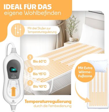 Електрична ковдра KESSER® 150x80 см з автовимкненням та пультом керування | 3 температурні режими | Підігрівальна ковдра для ліжка, матрац, тепла біла ковдра без візерунку