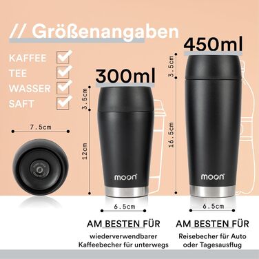 Moon 360° Thermobecher, Coffee Mug to Go Thermo, Travel Mug 300ml, Coffee to Go Becher, Insulated Leak-Proof Cup - BPA-Free, Double-Walled Stainless Steel, 100% Leak-Proof, 360° Drinking Opening, Black