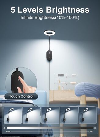 Світлодіодна настільна лампа для читання з USB, 10W, 4 режими кольору, димування, функція автовимкнення, чорна