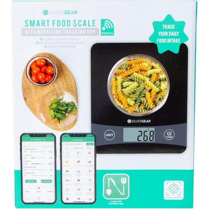 Кухонні ваги Silvergear® Digital з підключенням до App до 5 кг | Електронні кухонні ваги з функцією тарування | Цифрові ваги з підрахунком калорій | Точне вимірювання до 0,1 г | Підсвічений LCD-дисплей | Чорний