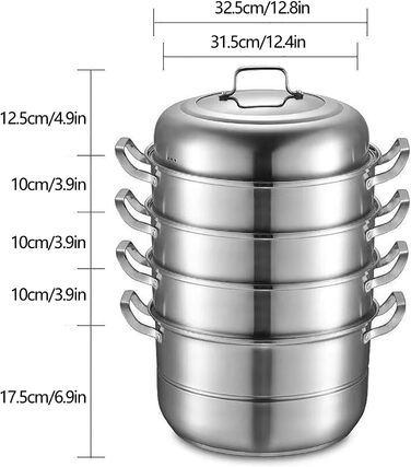 Пароварка SABUIDDS 32 см з 5 ярусами, з нержавіючої сталі, з кришкою з термостійкого скла, для всіх типів плит (індукція), для приготування кускусу та інших страв