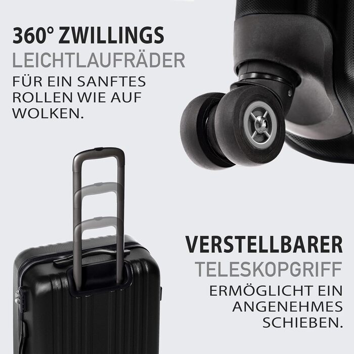 Набір валіз FERGÉ Toulouse 3 шт. з жорстким корпусом - ручна поклажа 55 см, L, XL. Чорний колір, 100% ABS.