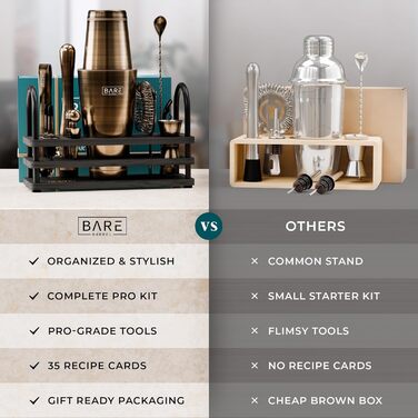 Bare Barrel® Cocktail Shaker Set - 14 Piece Mixology Bar Set with Boston Shaker, Martini Accessories, & Recipe Cards - Perfect Home Bartender Gift Set