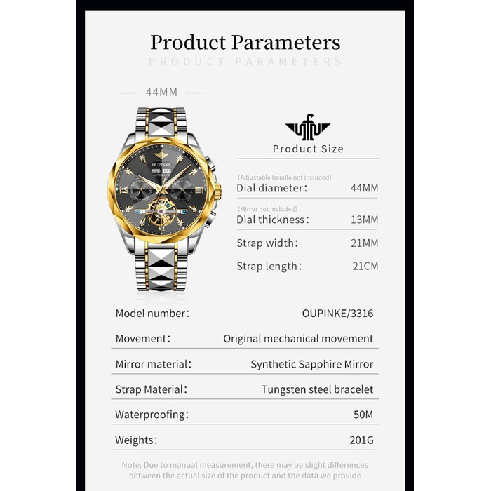 Чоловічий наручний годинник OLEVS G3316: аналоговий, водонепроникний, зі сталевим двоколірним ремінцем, чорним циферблатом, підсвічуванням та календарем