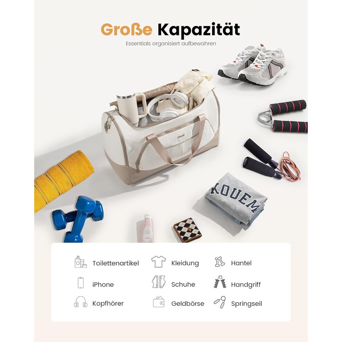 Спортивна сумка LOVEVOOK для жінок, 30L: дорожня сумка з відділенням для взуття та мокрих речей, невелика сумка для залу, плавання, сауни, ручної поклажі для спорту, фітнесу, тренувань та подорожей, водонепроникна, B-beige, Aprikose, 45x24x28cm (30L)