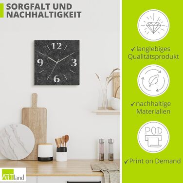 ARTLAND Wall Decor Wall Clock without Ticking Sounds, Aluminum, 30x30 cm Square, Silent Analog, 4 Numbers, 30x30 cm Design U1RE (Granite, Quartz Clock)