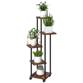 Outsunny 5-Tier Plant Stand with Wheels, Flower Stand for Indoor Outdoor, Steel and Wood Plant Shelf, Multi-Level Flower Shelf, 110cm High Flower Ladder for Living Room, Garden Balcony Decor, Charcoal | Aosom